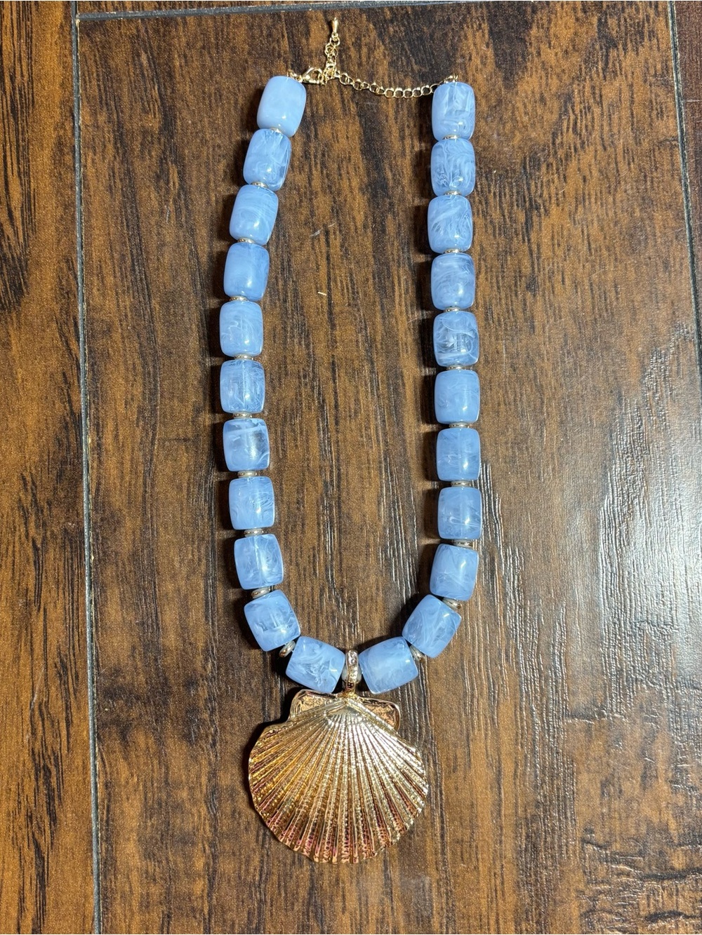 Blue Beaded Necklace with Gold Shell Pendant - Women Jewelry